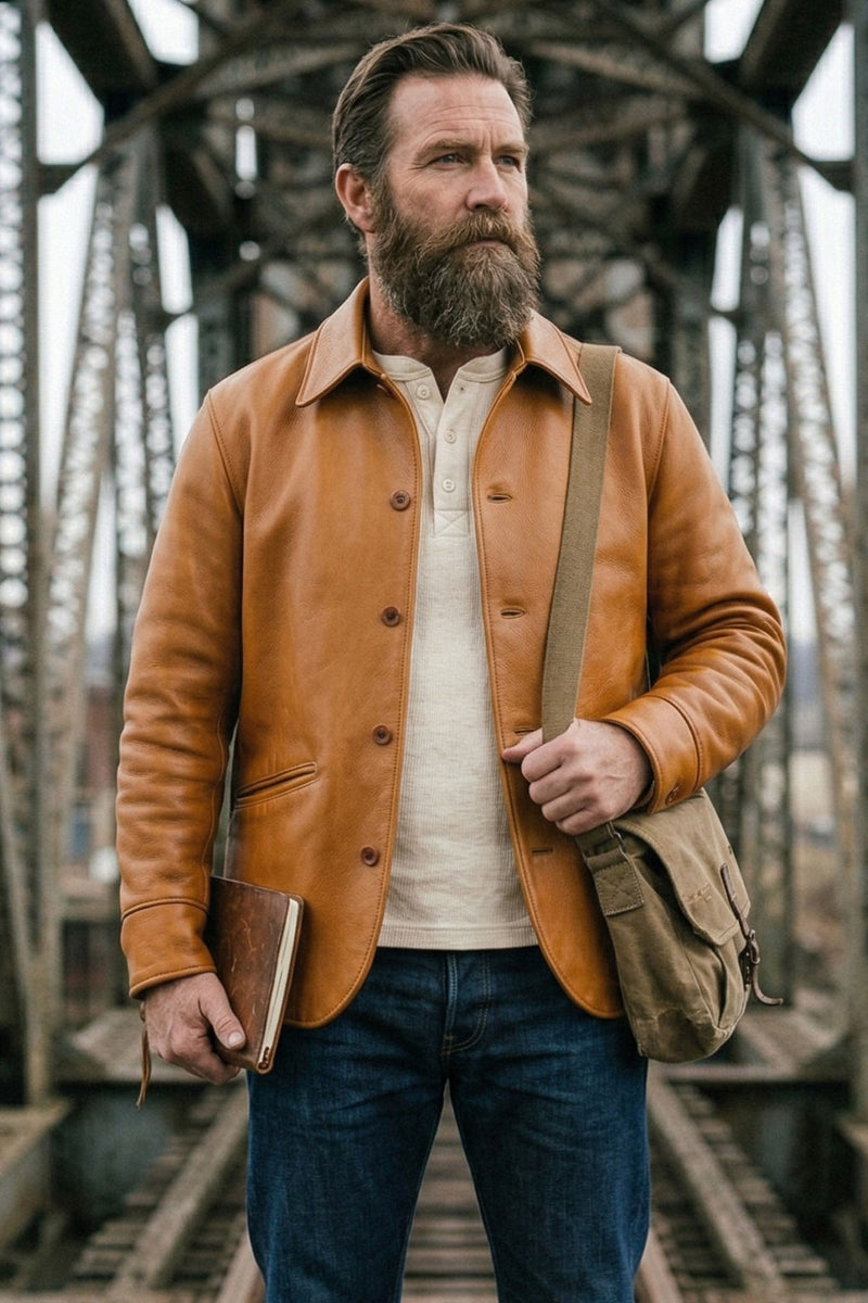 Prequel - J1001B Single Breasted Cowhide Leather Car Coat - Camel