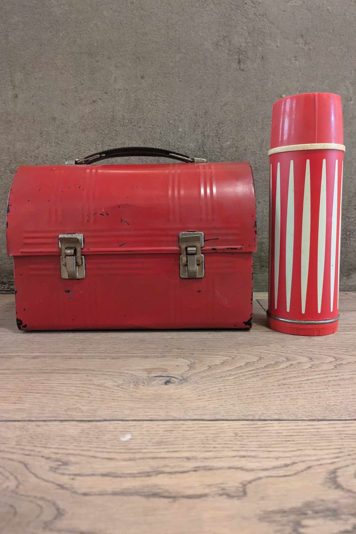 1960's Vintage Dome Red Metal Lunch Box With Thermos. Made In U.S.A