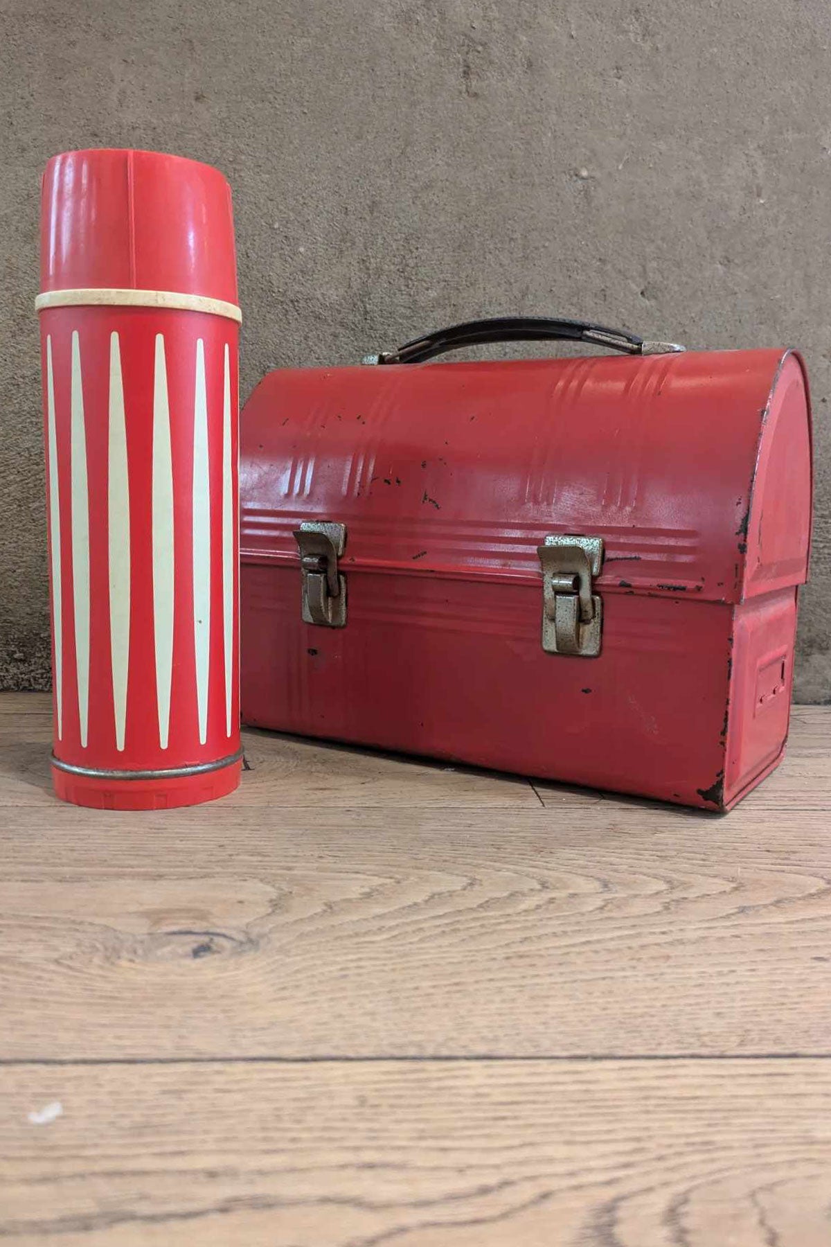 1960's Vintage Dome Red Metal Lunch Box With Thermos. Made In U.S.A