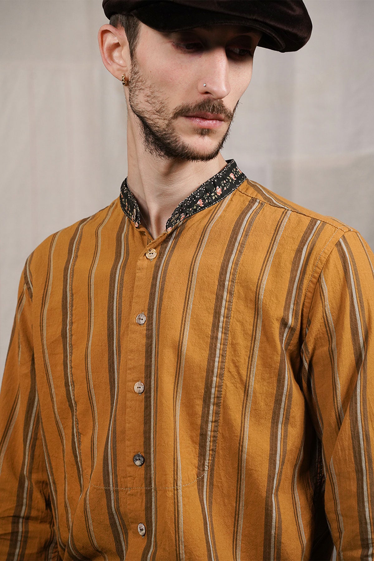 Scarti Lab - 304 SM408/SL532 Band Collar Striped Shirt in cotton