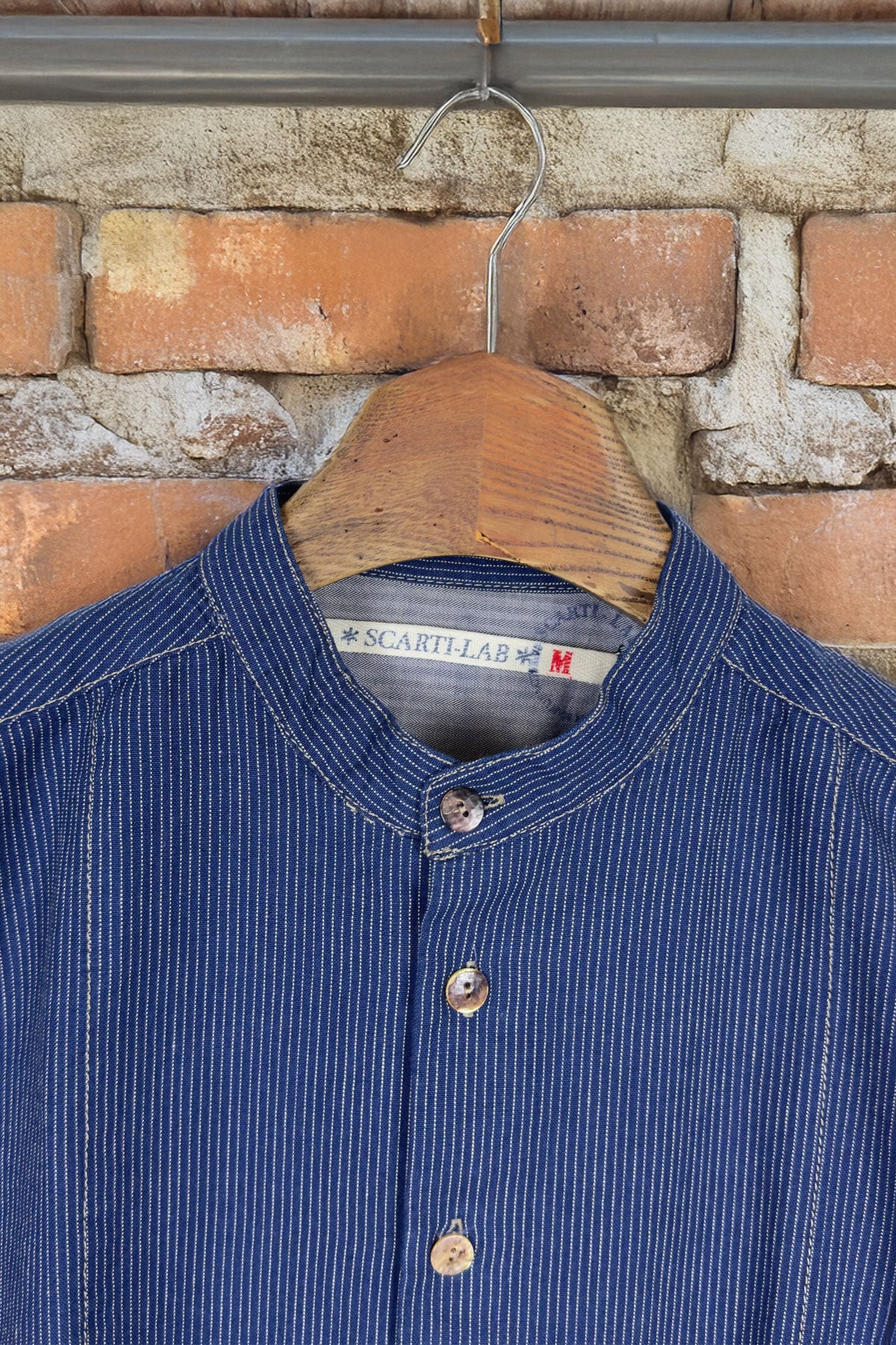 Scarti Lab - 304 / SH481 Band Collar Shirt with Bib in Indigo Japanese Cotton