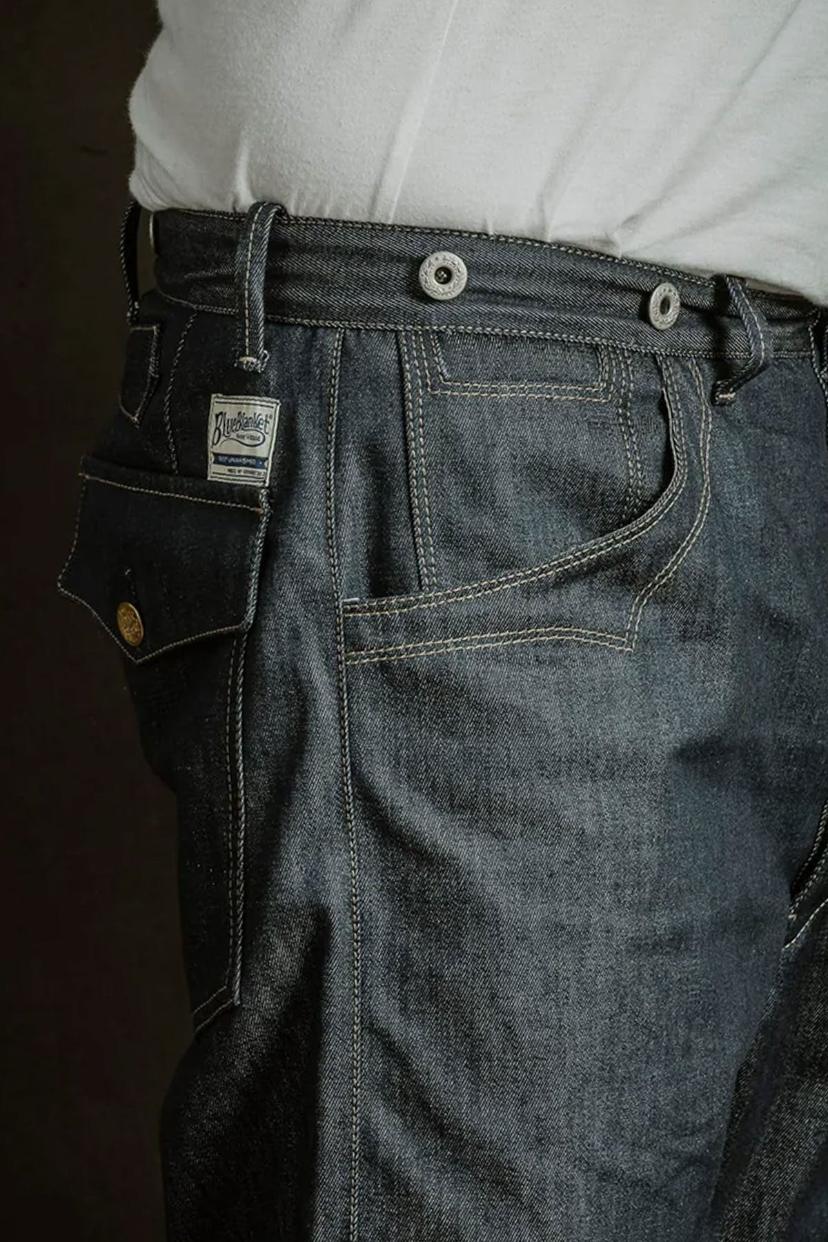 Blue Blanket - IJ1 IT164 WAIST OVERALL Loose Fit, 11.25 oz. Italian indigo Selvedge Organic Denim