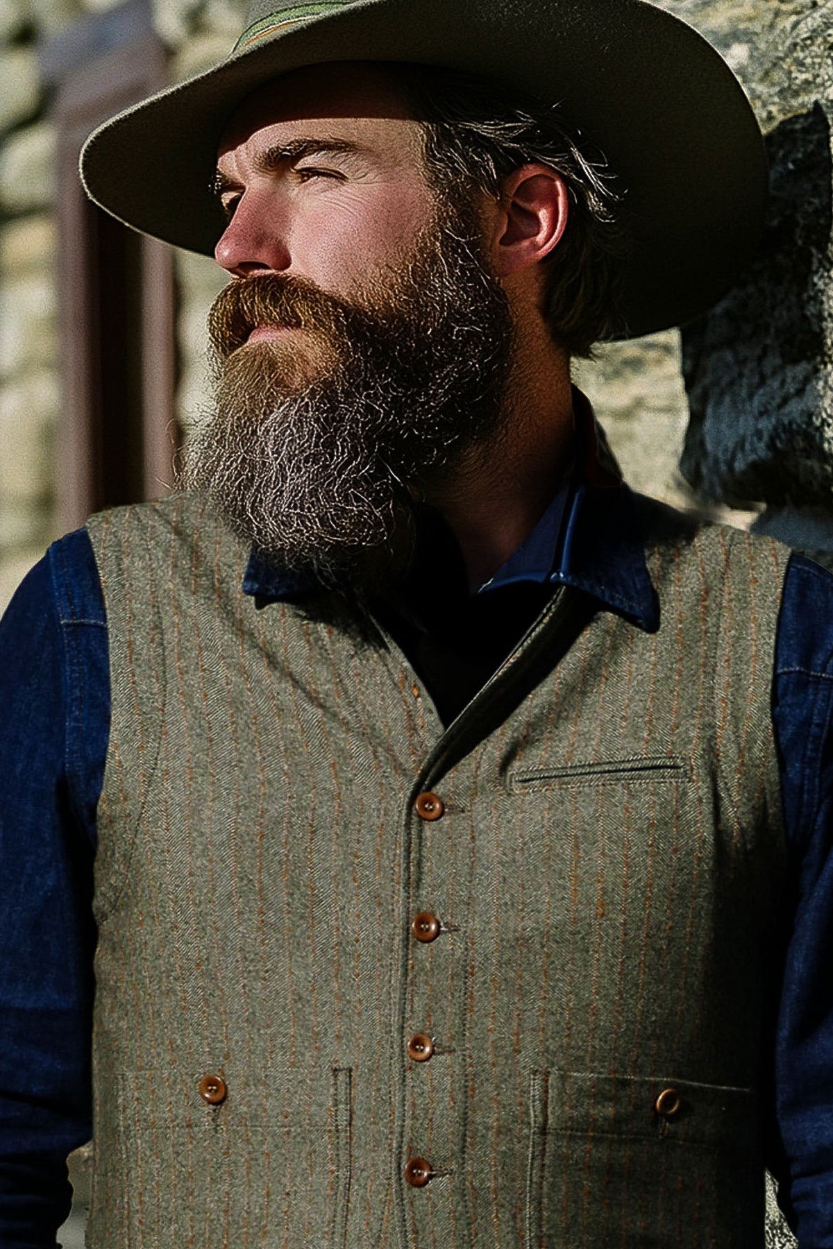 Captain Santors - Herringbone 7705 Vest in muted military green with rust stripes