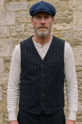 Captain Santors - Wool Cotton Blend Vest in dark navy with brown stripes