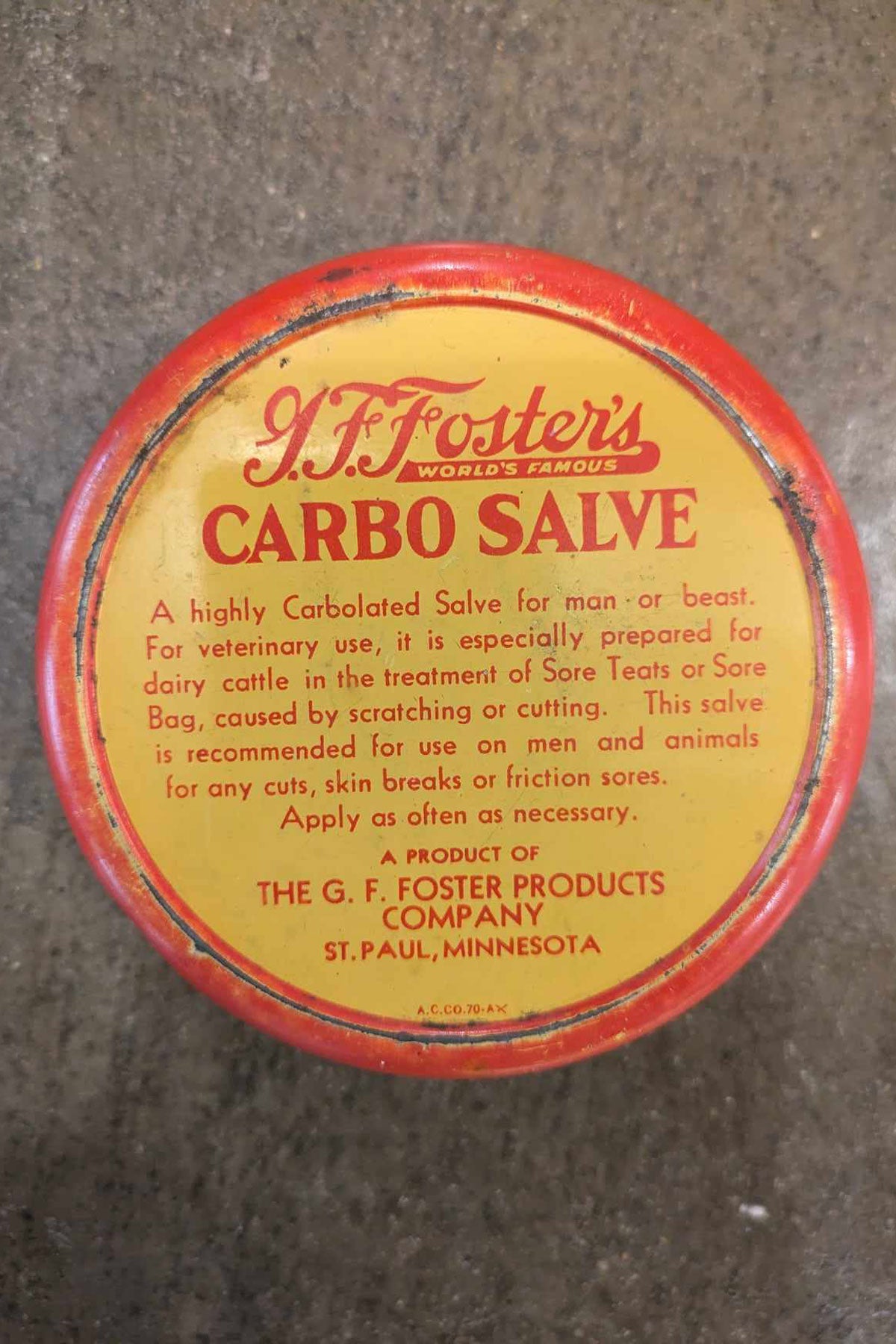 1930/40's Rare G. F. Foster Carbo Salve Round Tin Box (St. Paul, Minnesota)