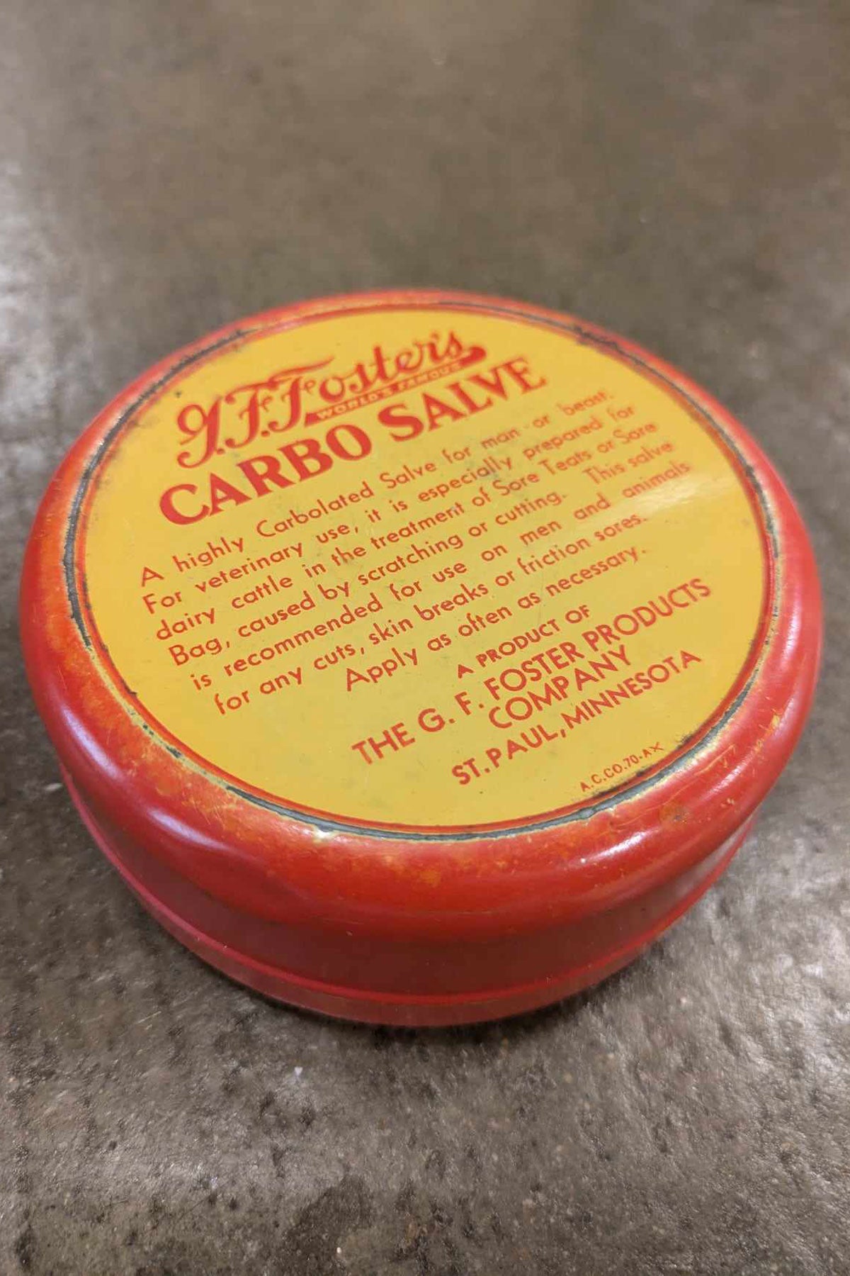 1930/40's Rare G. F. Foster Carbo Salve Round Tin Box (St. Paul, Minnesota)