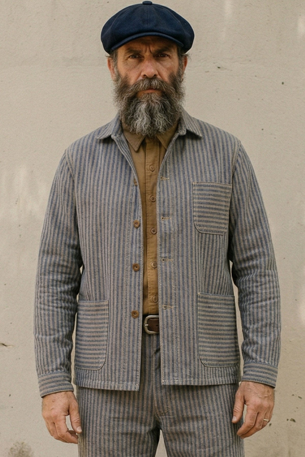 Captain Santors - Cotton Linen Work Jacket - Blue/Brown Stripe 