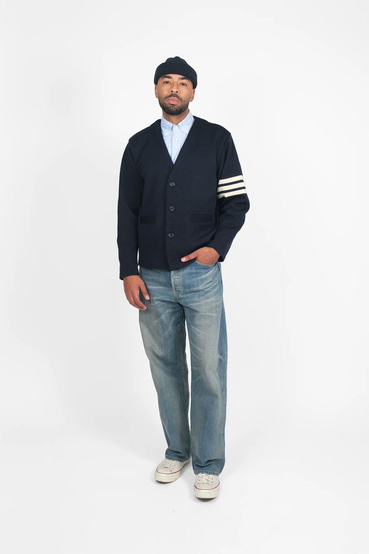 Dehen1920 - Slouchy Varsity Cardigan - Dark Navy / Off-White – The