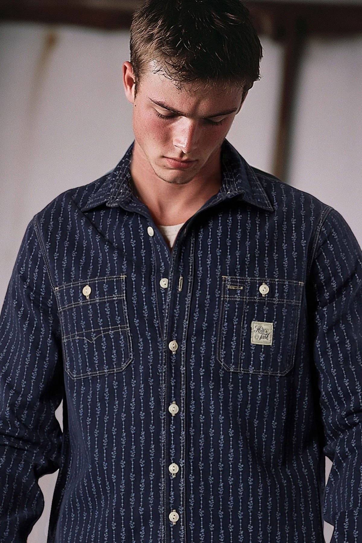 Hen's Teeth - HTM-S1 Work Shirt in Blue Printed Herringbone