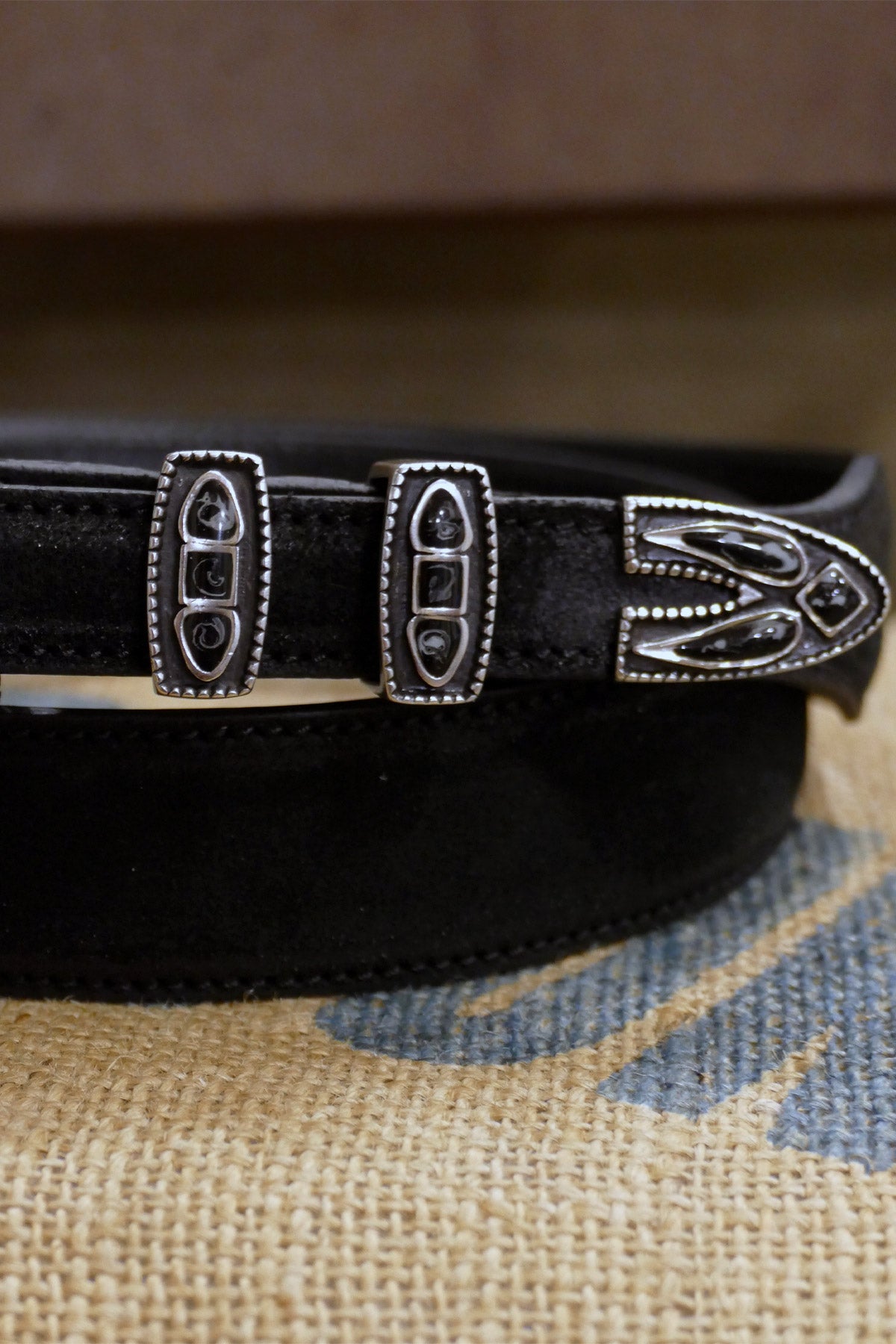 Alberto Luti - Black Jewel Buckle Leather Belt in black suede