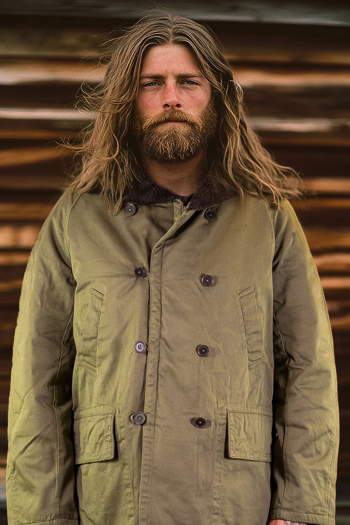 Universal Works - Reversible Mackinaw Jacket Light Olive Twill/Sherpa