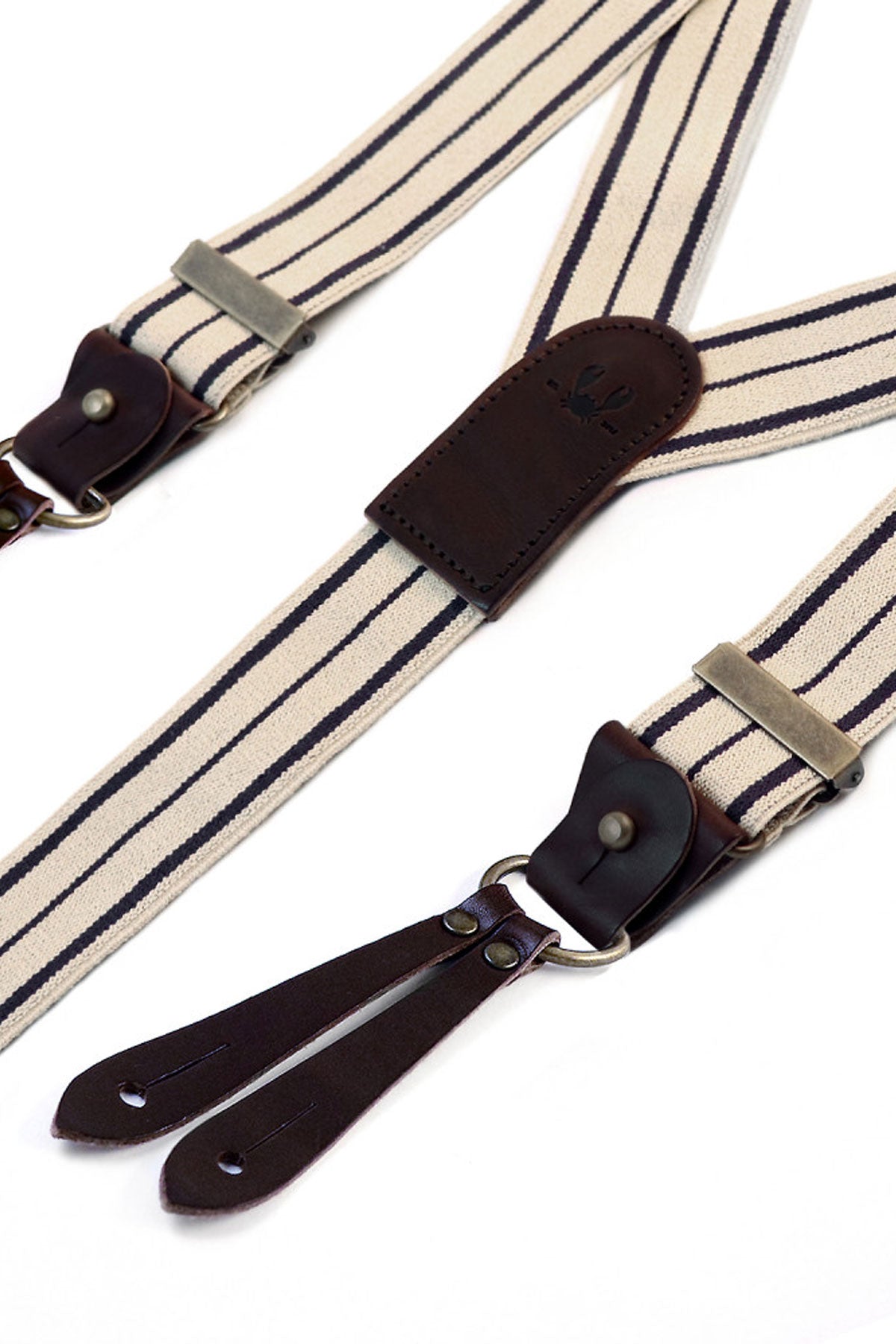 Bertelles - Selvedge wide braces with buffalo leather - Navy stripe on ecru