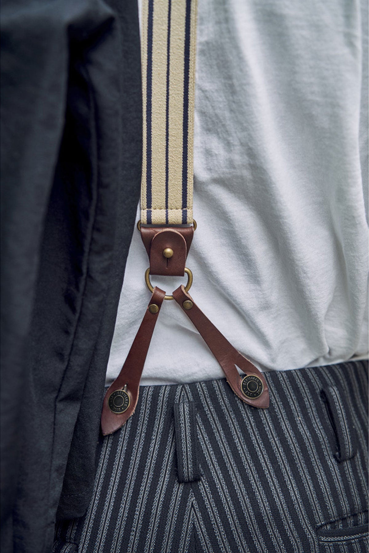 Bertelles - Selvedge wide braces with buffalo leather - Navy stripe on –  The Rugged Society