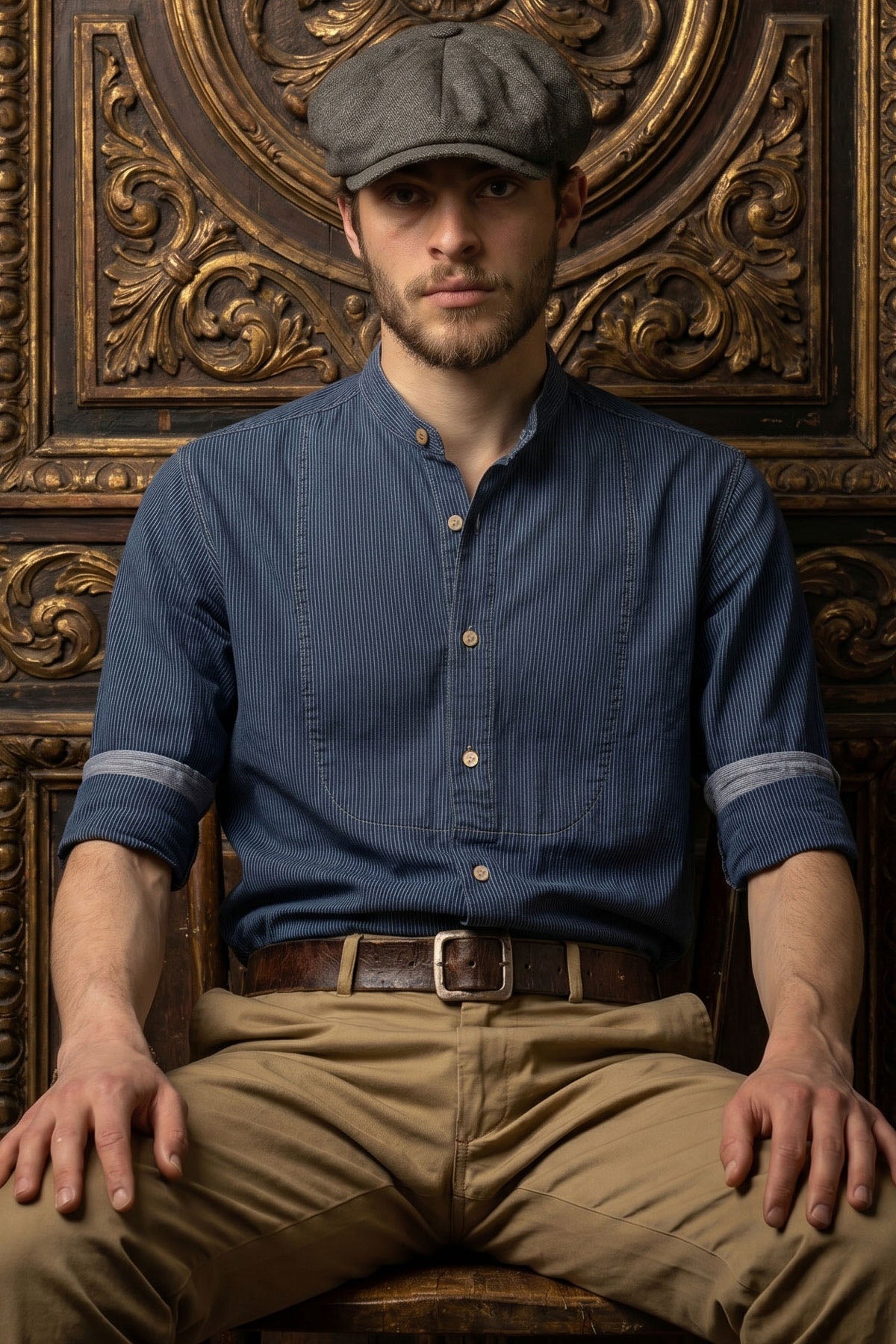 Scarti Lab - 304 / SH481 Band Collar Shirt with Bib in Indigo
