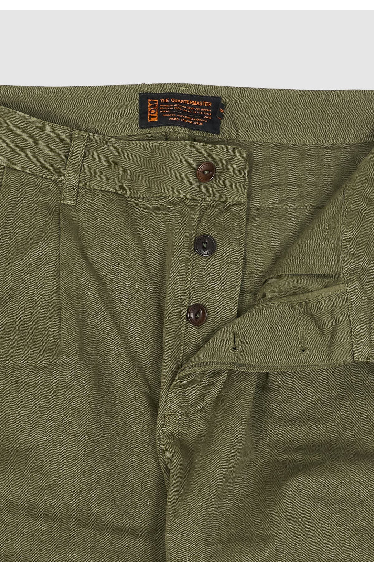 The Quartermaster -  French Chino HBT Straight Leg Trousers With Pleats in Army Green