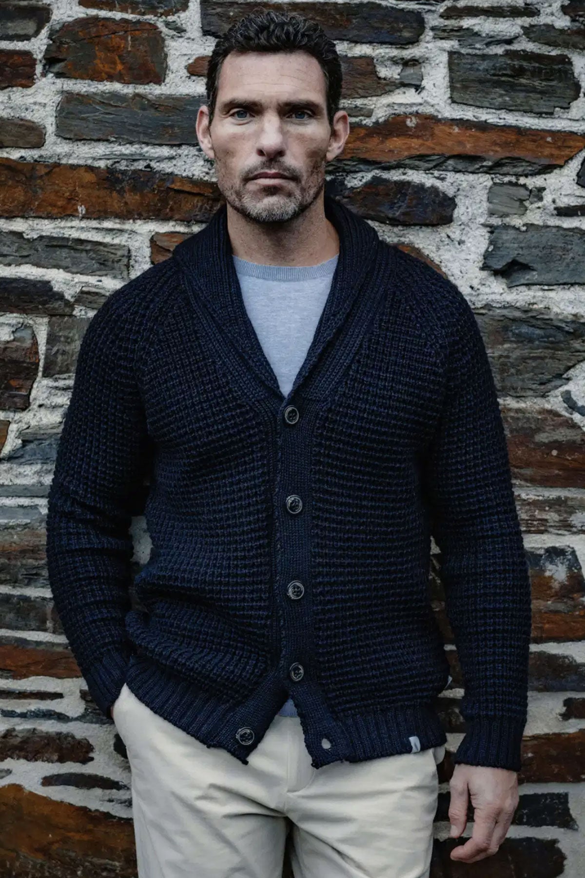 Peregrine - Waffle Shawl Cardigan in Navy