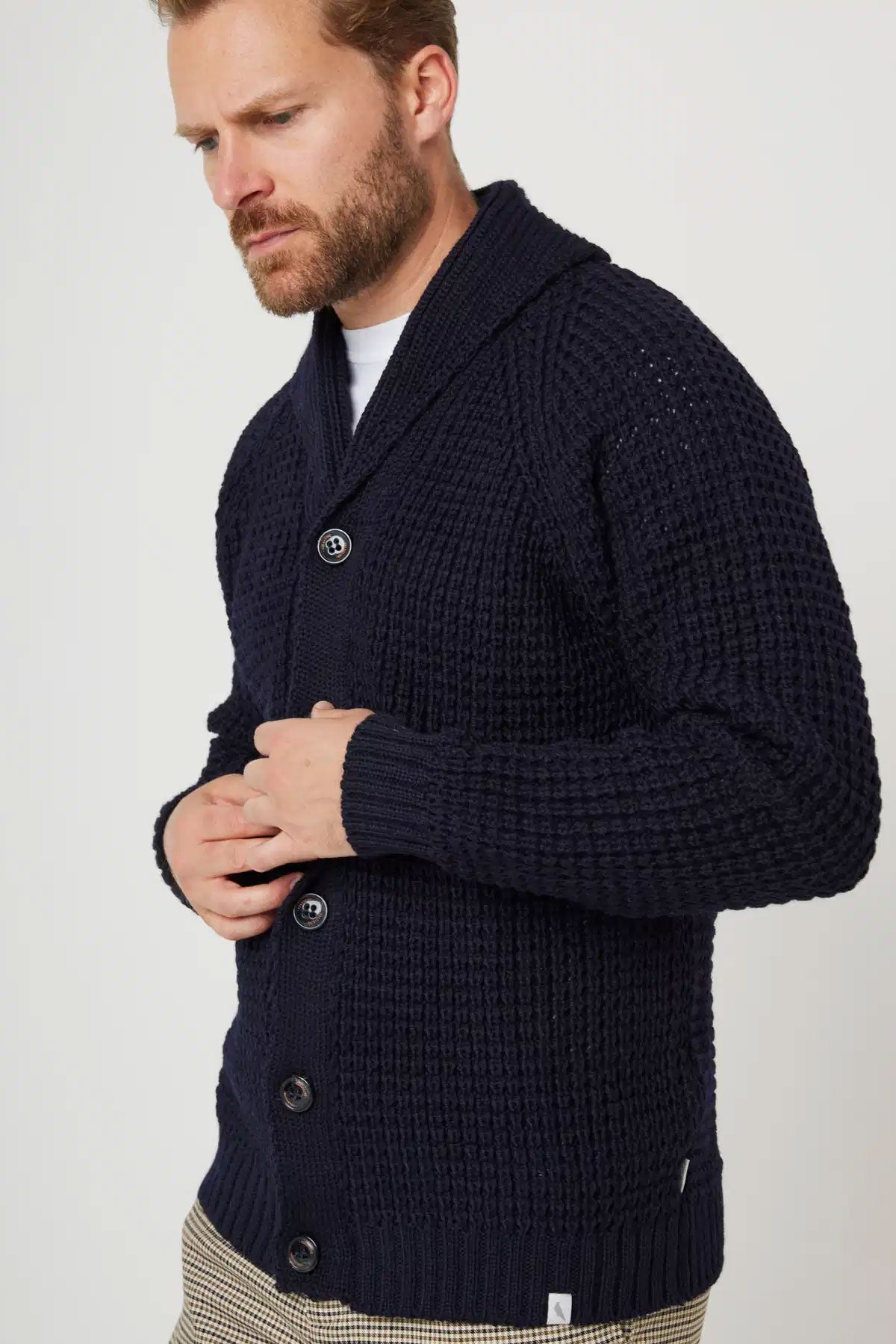 Peregrine - Waffle Shawl Cardigan in Navy