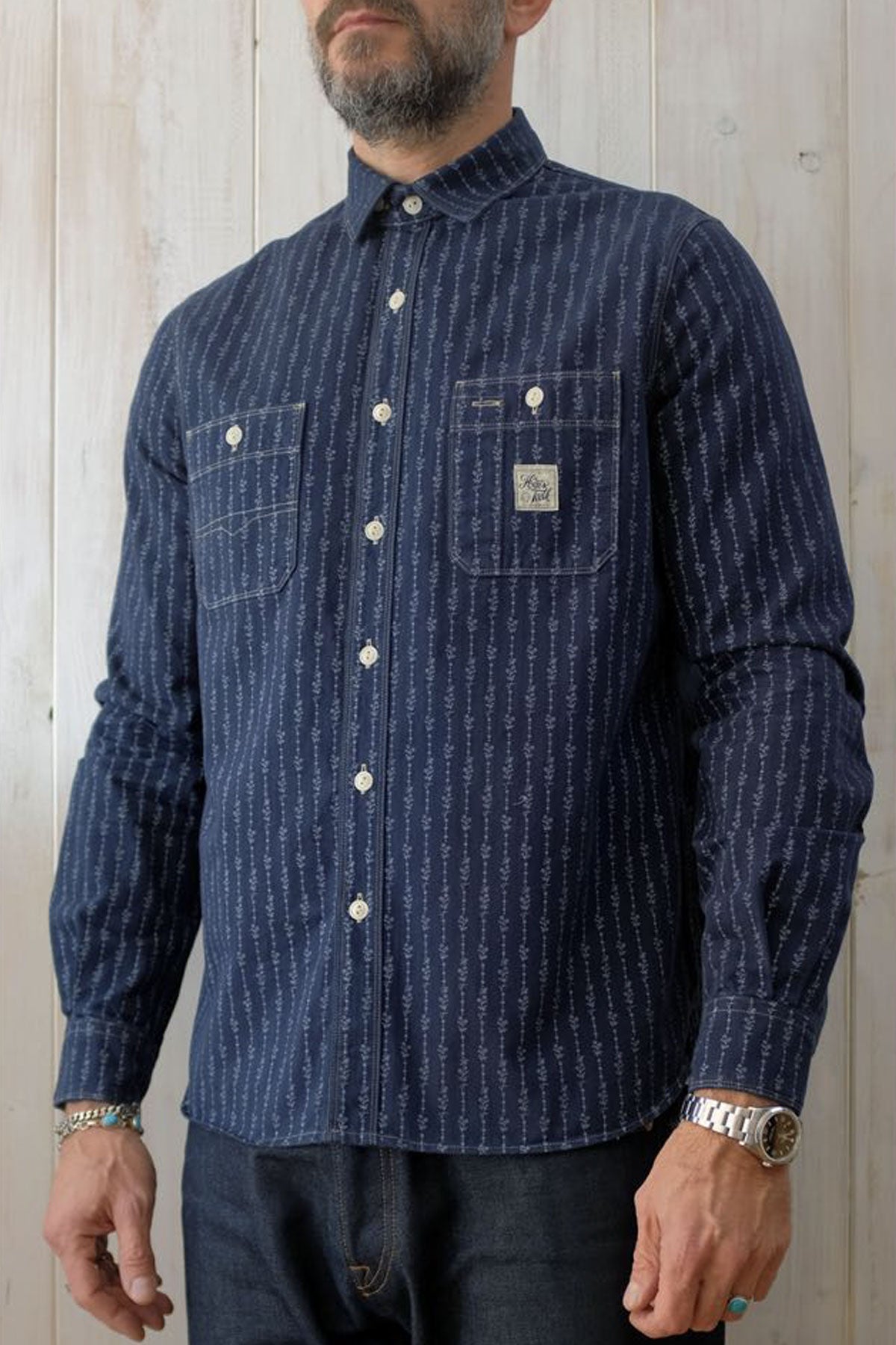 Hen's Teeth - HTM-S1 Work Shirt in Blue Printed Herringbone