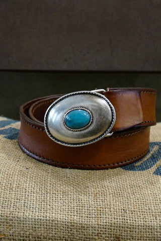 Alberto Luti - Western Turquoise Buckle Leather Belt in Brown