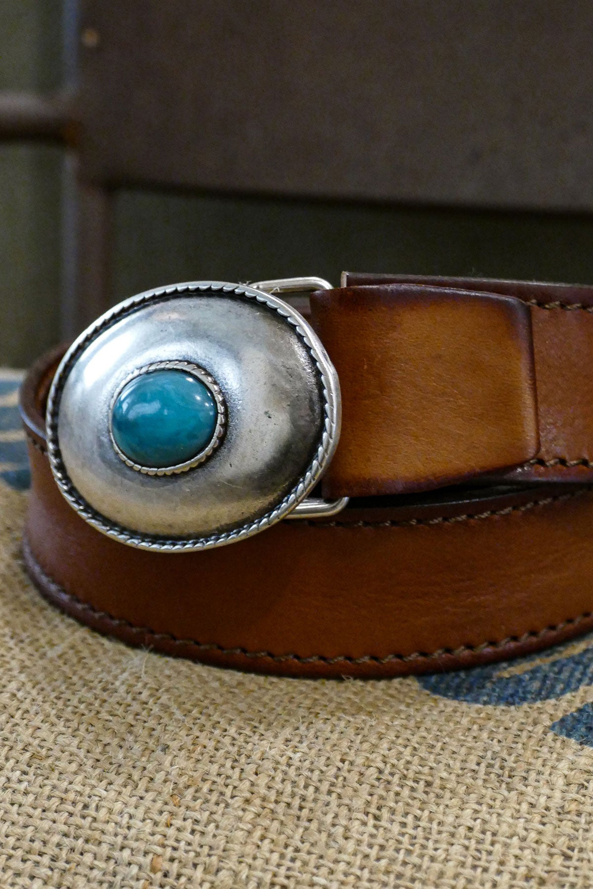Alberto Luti - Western Turquoise Buckle Leather Belt in Brown