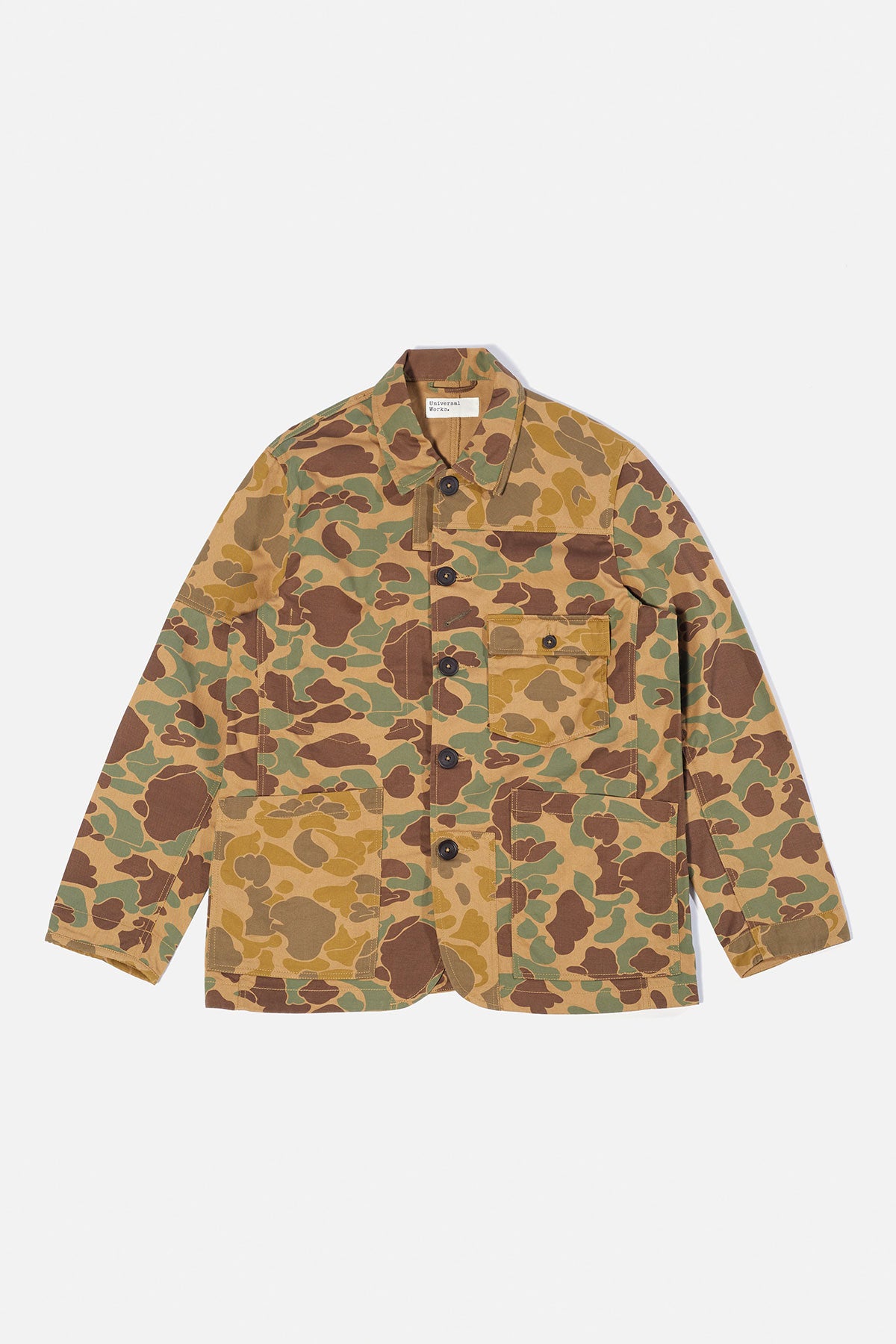 Universal Works Patched Mill Bakers Jacket In Sand/Khaki Cotton Camo