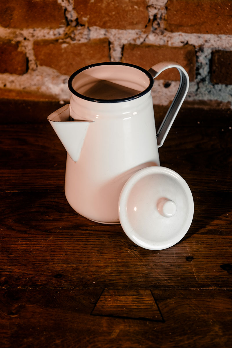 White Enamelware Coffee Pot / Kettle with Blue Rim