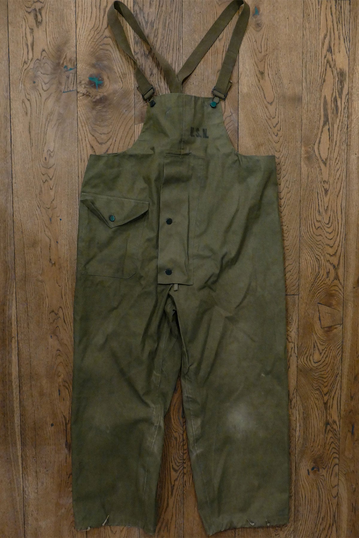 1944 WW2 Vintage US Navy Wet Weather Deck Trousers / Dungarees / Bib - Size Large