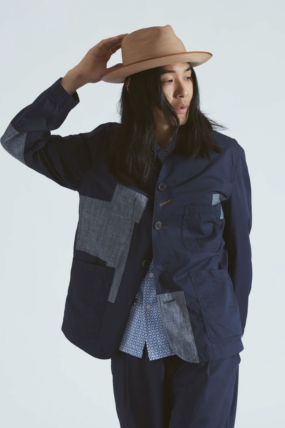 Universal Works - Patched Bakers Jacket In Navy Fine Twill Chambray